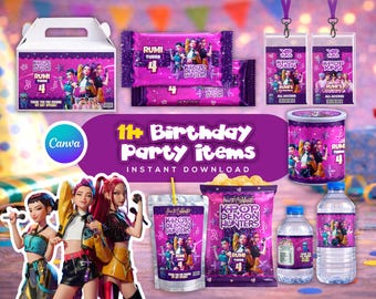 Paquete de recuerdos para fiesta estilo K-Pop, decoraciones de cumpleaños de ídolos morados y rosados, plantilla editable de Canva para etiqueta de agua con bolsa de papas fritas con pase VIP
