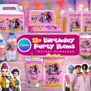 Può includere: Una collezione di articoli per feste di compleanno rosa e viola con il nome "Amelia" e il numero "4". Gli articoli includono una confezione regalo, snack, bottiglie d'acqua, pass VIP e lattine. È visibile anche il testo "12+ Birthday Party Items".