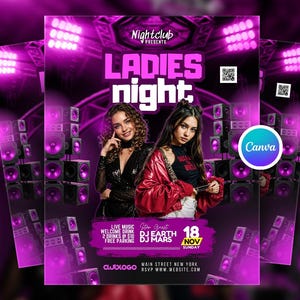 Editable Ladies Night Club Party Flyer Canva Template, Neon Nightclub Flyer, Modern DJ Event Canva Flyer, DIY Party Invite for Social Media