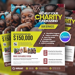 Redigerbar insamlingsflyer för icke-vinstdrivande organisationer i Canva-mall, evenemangsflyer för ideella organisationer, Canva-affisch för donationskampanjer, insamlingsflyer för sociala medier
