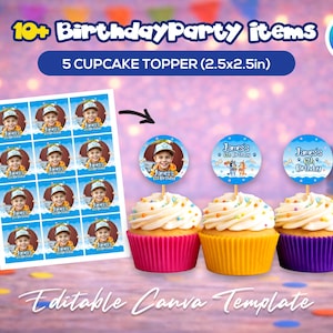 May include: A birthday party theme with cupcake toppers and cupcakes. The toppers are 2.5 x 2.5 inches and feature a child's photo and the text "James's 6th Birthday". The cupcakes have colorful wrappers.