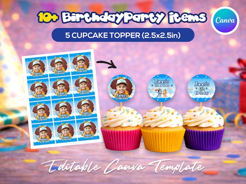 May include: A birthday party theme with cupcake toppers and cupcakes. The toppers are 2.5 x 2.5 inches and feature a child's photo and the text "James's 6th Birthday". The cupcakes have colorful wrappers.
