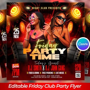 Può includere: Un volantino promozionale per un evento in discoteca il venerdì sera, con la scritta "Friday Party Time". Il design include immagini di due donne con occhiali da sole, con la data "25 NOV" visualizzata. Il volantino elenca anche i DJ, la location e altri dettagli dell'evento.