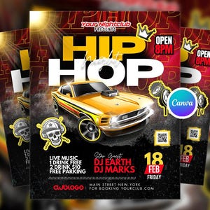 Editable Hip Hop Night Club Party Flyer Canva Template, Urban DJ Music Event Flyer, Rap Party Social Media Design, Canva Nightlife Flyer