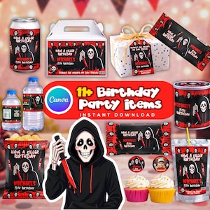 Puede incluir: Un conjunto de artículos para fiestas de cumpleaños con temática de Halloween. Los artículos incluyen una lata, botellas de agua, una caja de regalo, barras de caramelo, una bolsa de patatas fritas, una taza y cupcakes. Cada artículo presenta un diseño negro y rojo con una parca sosteniendo un cuchillo.