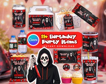Horror Ghost Birthday Party Favor Bundle 11+ Items, Scary Movie Theme Party, Editable Chip Bag Soda can Cupcake Topper Canva Template