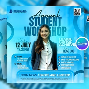 Puede incluir: Un folleto promocional azul para un taller anual para estudiantes. El folleto presenta a una mujer sonriente y el texto "Taller Anual para Estudiantes" y "Aprender, Crecer, Lograr". También se enumeran la fecha y la hora.