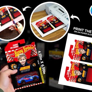 May include: A red and black Hot Wheels-themed birthday card with a photo of a child and the text "Happy Birthday." The card is 4.25 inches by 6.50 inches and includes a blue toy car. The image also shows the printing process.