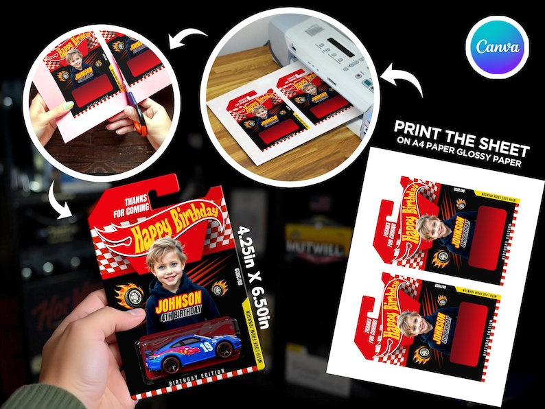 May include: A red and black Hot Wheels-themed birthday card with a photo of a child and the text "Happy Birthday." The card is 4.25 inches by 6.50 inches and includes a blue toy car. The image also shows the printing process.