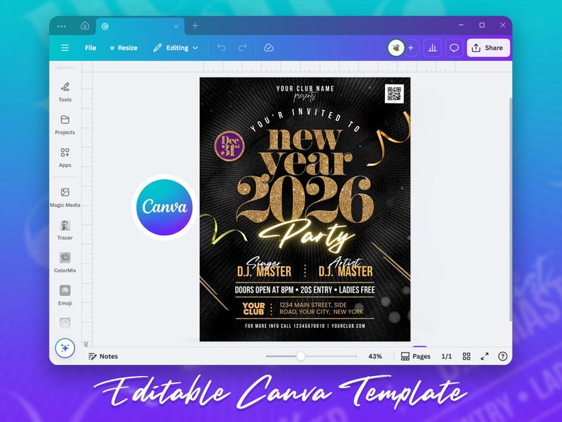 Editable Happy New Year 2026 Party Flyer Canva Template, Modern NYE ...
