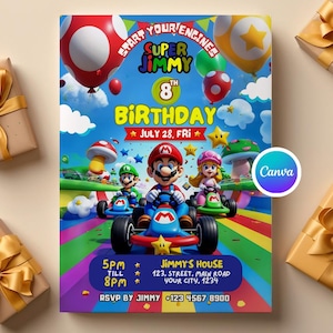 Faire-part d'anniversaire Super Mario modifiable, Mario Party Canvas, modèle d'invitation à une fête de Mario Bday, carte d'anniversaire de Mario Bros, Mario Bday Party