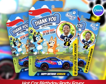 Blue Puppy Car Favor Template, Hot Race Car Birthday Gift Holder, DIY Toy Car Party Favor Canva Template
