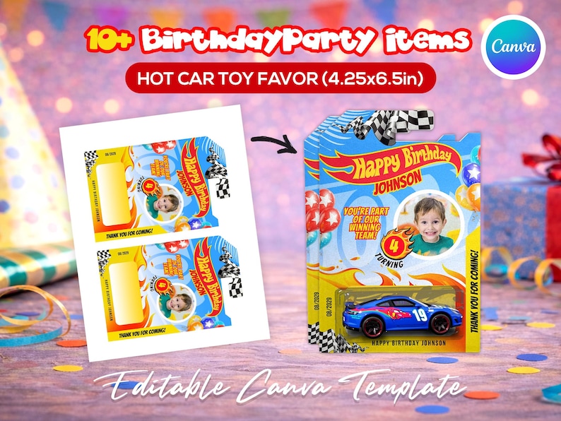 Race car themed birthday party favor bundle with printable labels and wrappers for kids’ snacks, toy car favors and party decorations. Designed for car-themed birthdays and racing-style celebrations.
