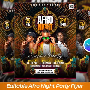 Puede incluir: Un folleto promocional para una fiesta de música Afro Night, con una imagen central de tres personas y el texto "Afro Night" en negrita. Los detalles incluyen la fecha, la hora y los nombres de los DJ. El folleto es un artículo promocional.