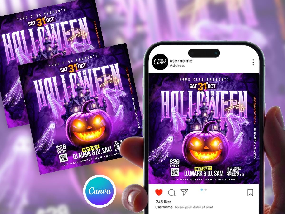 Editable Halloween Night Party Flyer Canva, Spooky Club Event Canva ...