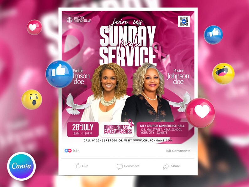 Editable Pink Sunday Church Flyer Canva Template, Women’s Church Event ...