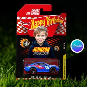 May include: A custom Hot Wheels-style birthday card featuring a blue toy car. The card includes the text "Happy Birthday" and the name "Johnson" with "4th Birthday". The card also has the date "08/2029" and the words "Birthday Edition".