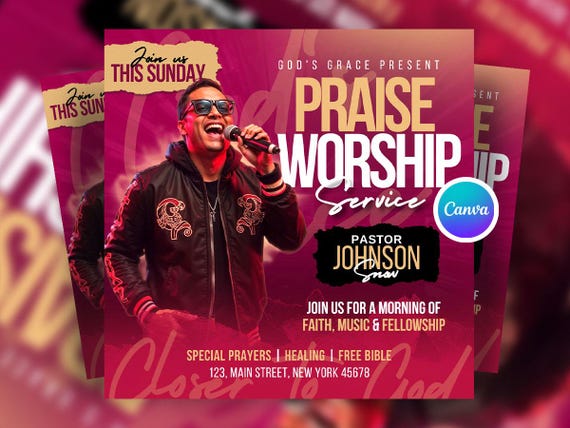 Editable Church Worship Flyer Canva Template, Sunday Service Flyer, Gospel Event Canva Post, Church Canva Template,  Sunday Worship Service