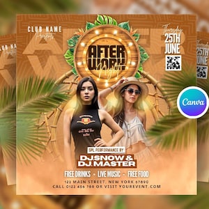 Bewerkbare tropische After Work Club Party-flyercanvasjabloon, bamboe nachtclubpost, Island Vibe-feestuitnodiging, Hawaïaans themafeest Canva