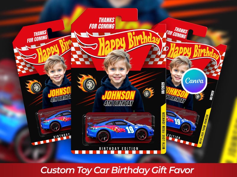 May include: Custom toy car birthday gift favors. Each favor features a blue toy car with the number 19, packaged in a red and black card with the text "Happy Birthday" and a child's photo. The card also includes the text "Birthday Edition".
