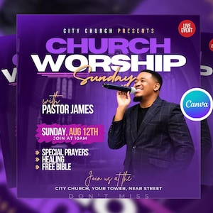 Editable Church Worship Flyer Canva, Sunday Service Church Flyer, Religious Event Flyer, Praise and Worship Canva, Christian Church Canva
