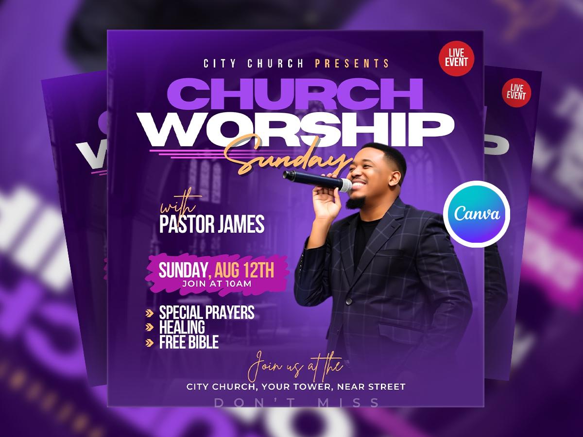 Editable Church Worship Flyer Canva, Sunday Service Church Flyer, Religious Event Flyer, Praise and Worship Canva, Christian Church Canva