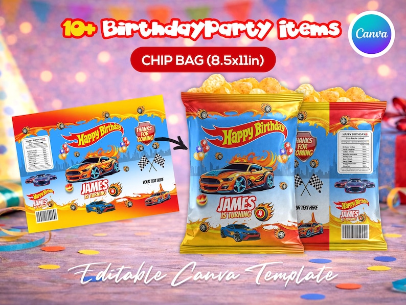 Race car themed birthday party favor bundle with printable labels and wrappers for kids’ snacks, toy car favors and party decorations. Designed for car-themed birthdays and racing-style celebrations.