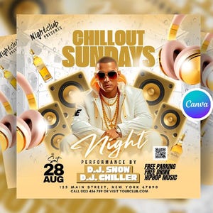 Puede incluir: Un folleto promocional para un evento de discoteca, con un hombre con gafas de sol y joyas de oro. El folleto tiene el texto "Chillout Sundays" y "Night" con altavoces, auriculares y botellas de licor. La fecha es el 28 de agosto.