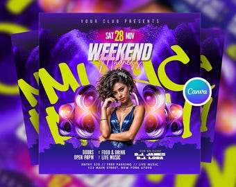 Editable Club Weekend Party Flyer Canva Template, Modern Nightclub Flyer Design, DJ Event Poster, Digital Party Flyer, Club Invite Canva