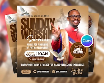 Editable Sunday Worship Flyer Canva Template, Church Service Invitation, Sunday Religious Flyer, Church Worship Flyer, Worship Event Flyer