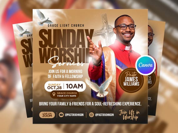 Editable Sunday Worship Flyer Canva Template, Church Service Invitation, Sunday Religious Flyer, Church Worship Flyer, Worship Event Flyer