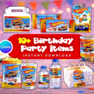 Paquete de recuerdos para fiesta de cumpleaños de coches de carreras, bolsa de papas fritas con temática de coches, etiquetas editables con temática de coches, decoraciones para fiesta de coches de carreras, recuerdo de cumpleaños (DIY)