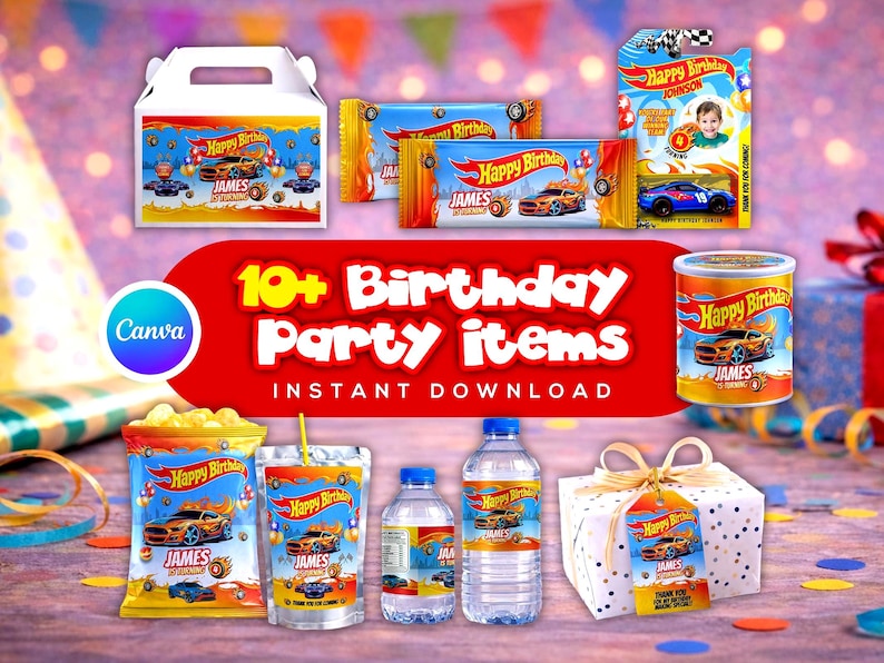 Race car themed birthday party favor bundle with printable labels and wrappers for kids’ snacks, toy car favors and party decorations. Designed for car-themed birthdays and racing-style celebrations.