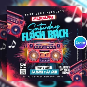 Editable Weekend FlashBack Club Party Flyer Canva Template, DIY Retro Club Flyer, DJ Night Flyer, Party Invite for Instagram & Social Media