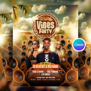 Może przedstawiać: Plakat reklamowy na imprezę na plaży, z tekstem "Beach Vibes Party" w okrągłym wzorze. Plakat zawiera obrazy głośników, ludzi i szczegóły wydarzenia, takie jak "DJ Bluesky & Red Gang" i "Food & Drink".