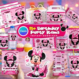 May include: A collection of Minnie Mouse themed birthday party supplies featuring pink and white colors, including personalized labels for water bottles, chip bags, juice pouches, cupcake toppers, a food menu, and an invitation with the text Olivia turns 3.