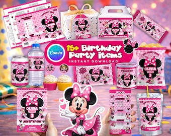 Paquete de recuerdos para fiesta de cumpleaños de Minne Pink Mouse (más de 15 artículos), invitaciones para bolsas de papas fritas, páginas para colorear, etiquetas para botellas de agua (plantilla de Canva).
