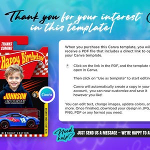 May include: A birthday-themed Canva template featuring a child's photo and a toy car. The design includes the text "Happy Birthday" and "Birthday Edition." The template is designed to be customized in Canva.