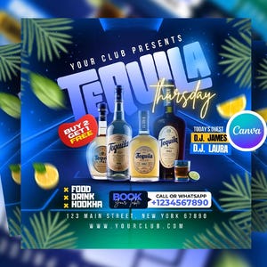 Editable Tequila Thursday Flyer Canva Template, Bar Club Night Event Post, Tequila Day Party Flyer, Digital Canva Flyer for Social Media
