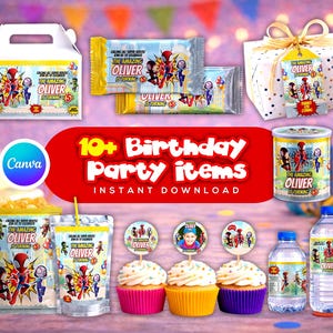 May include: A collection of birthday party items featuring a superhero theme. Includes a white gift box, candy bars, cupcakes, water bottles, and a popcorn bag. The text "The Amazing Oliver" and "10+ Birthday Party Items" are visible.