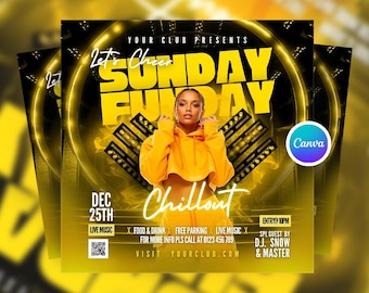 Editable Sunday Club Party Social Media Post Canva Template, Digital DJ Event Flyer, Nightclub Party Promotion Flyer Canva
