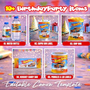 Race car themed birthday party favor bundle with printable labels and wrappers for kids’ snacks, toy car favors and party decorations. Designed for car-themed birthdays and racing-style celebrations.