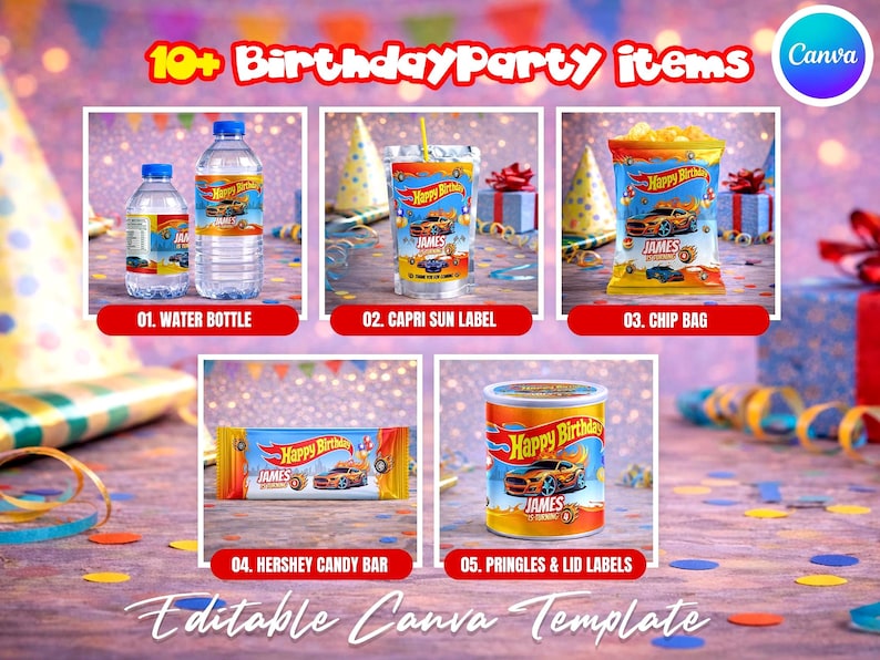 Race car themed birthday party favor bundle with printable labels and wrappers for kids’ snacks, toy car favors and party decorations. Designed for car-themed birthdays and racing-style celebrations.