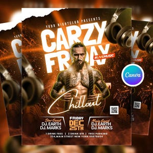 Crazy Friday Chillout Party Flyer Canva Template, Editable DJ Night Party Flyer, Weekend Chill Club Flyer, Digital Social Media Party Flyer