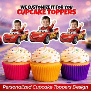 May include: Three cupcakes with white frosting and colourful sprinkles. Each cupcake has a red Lightning McQueen car topper with a child's image. The image includes the text "WE CUSTOMIZE IT FOR YOU CUPCAKE TOPPERS" and "Personalized Cupcake Toppers Design".