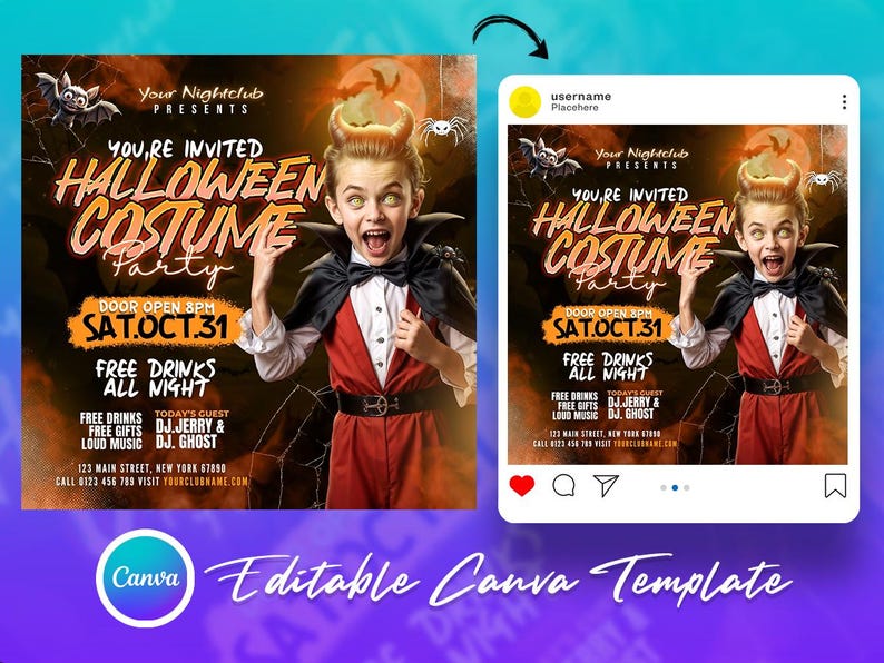 Editable Halloween Costumes Kids Party Flyer Canva Template, Cute ...