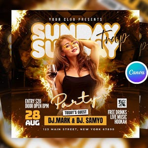 Editable Sunday Party Flyer Template For Canva, Club Event Flyer, DJ Party Canva Template, Social Media Night Club Flyer, Canva Party Flyer