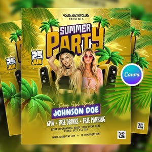 Editable Summer Party Flyer Canva Template, Tropical Beach Party Canva Flyer, Summer Night Club Social Media Flyer, Summer Festival Flyer