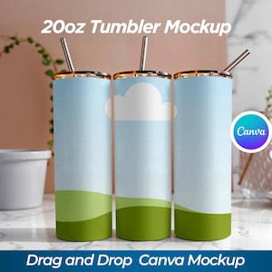 May include: Three 20oz tumbler mockups with a sky and cloud design. Each tumbler has a gold rim, a silver straw, and a green base. The text "20oz Tumbler Mockup" and "Drag and Drop Canva Mockup" are visible.