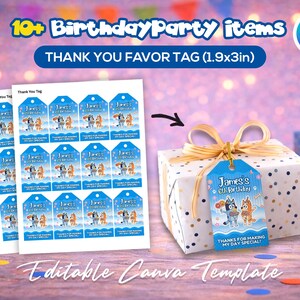 May include: A gift box with a blue tag that reads "James's 6th Birthday" and "Thanks for making my day special!" is shown. The image also displays a stack of matching favor tags and the text "10+ Birthday Party items" and "Thank You Favor Tag (1.9x3in)".
